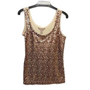 Banana Republic Womens‎ Rose-Gold Sequin Scoop Neck Sleeveless Tank Top Beige XS